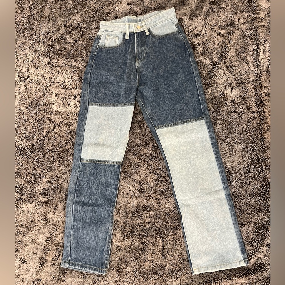 Contrast Denim Straight Leg Jeans